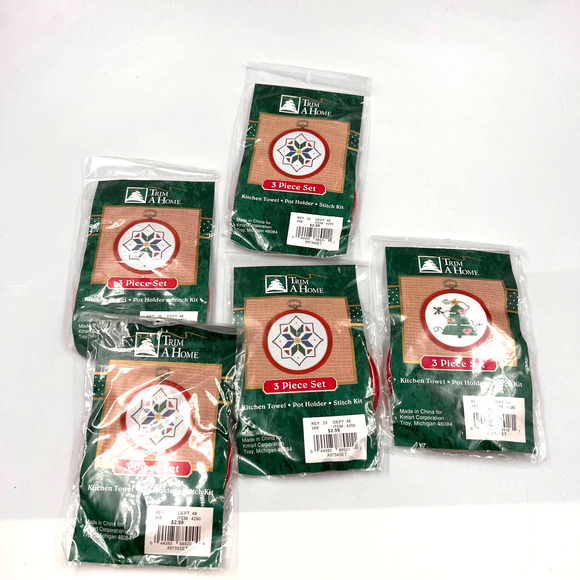 Trim A Home Cross Stitch Christmas Tree Snowflake Kitchen Towel Pot Holder Lot 5 - Picture 1 of 6